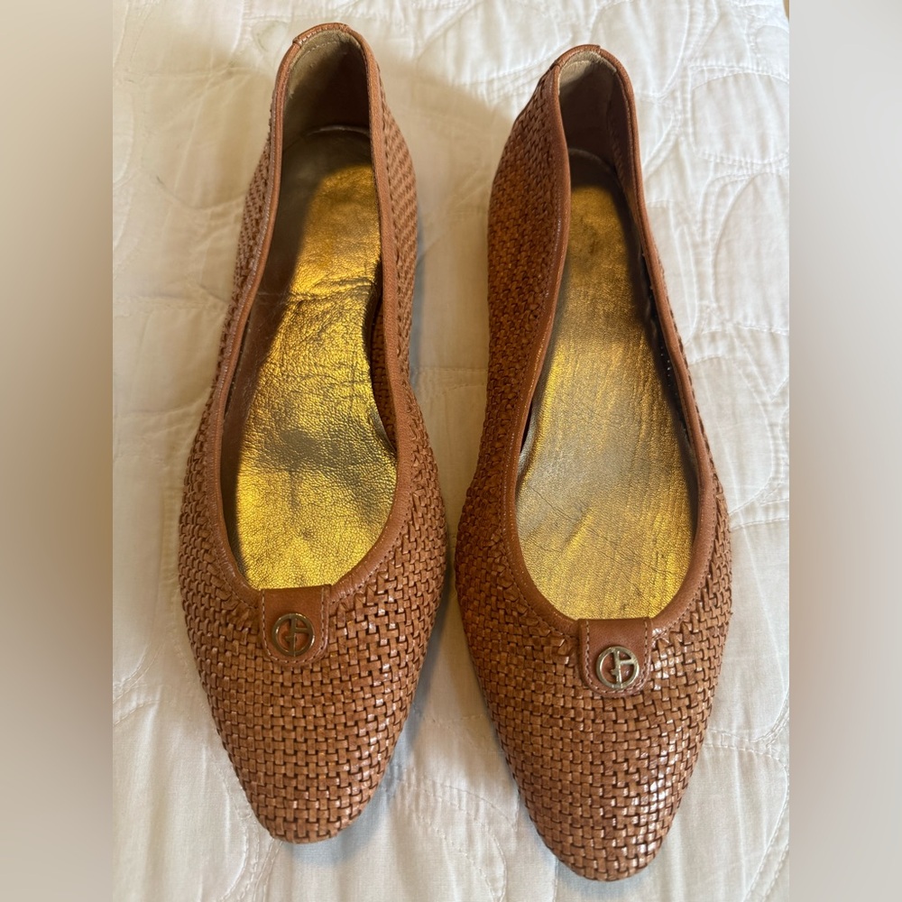 Giorgio Armani Woven Pointed-Toe Flats in Brown with Gold Insole